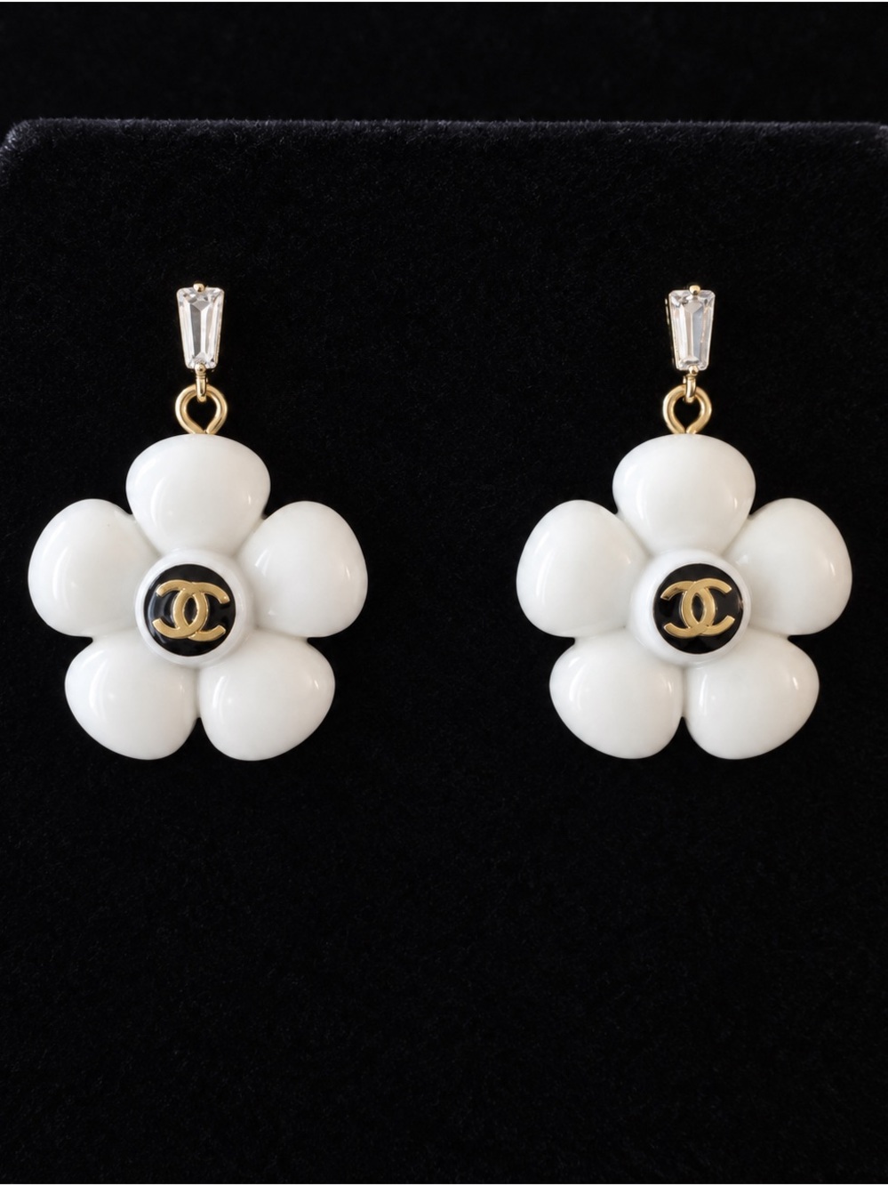 CHANEL Gold-Accent White Camellia Drop Earrings with Crystal Studs